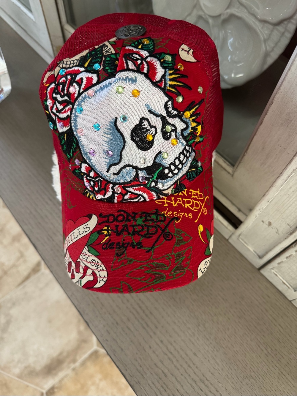 Ed Hardy Red Skull & Rose Embroidered Baseball Hat